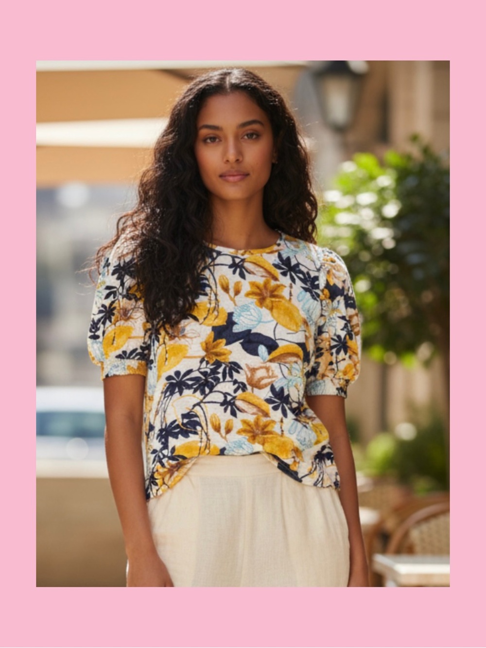 Chico's Yellow & Navy Floral Puff-Sleeve Blouse